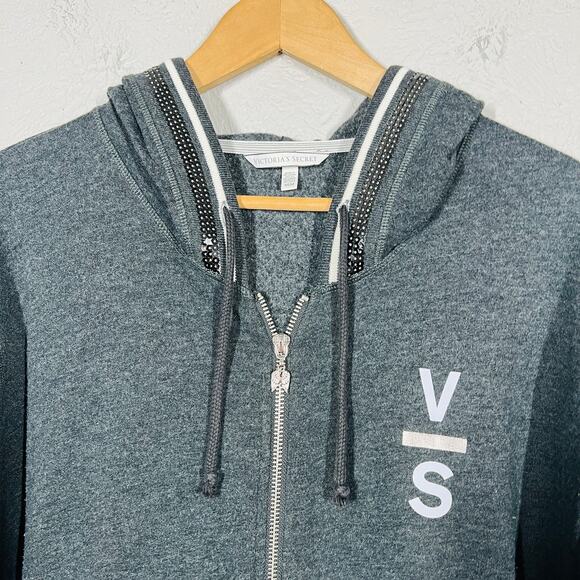 Victoria's Secret Full Zip Sequin Trim Hoodie Jacket Hooded Jersey Knit Gray - M - Picture 2 of 4
